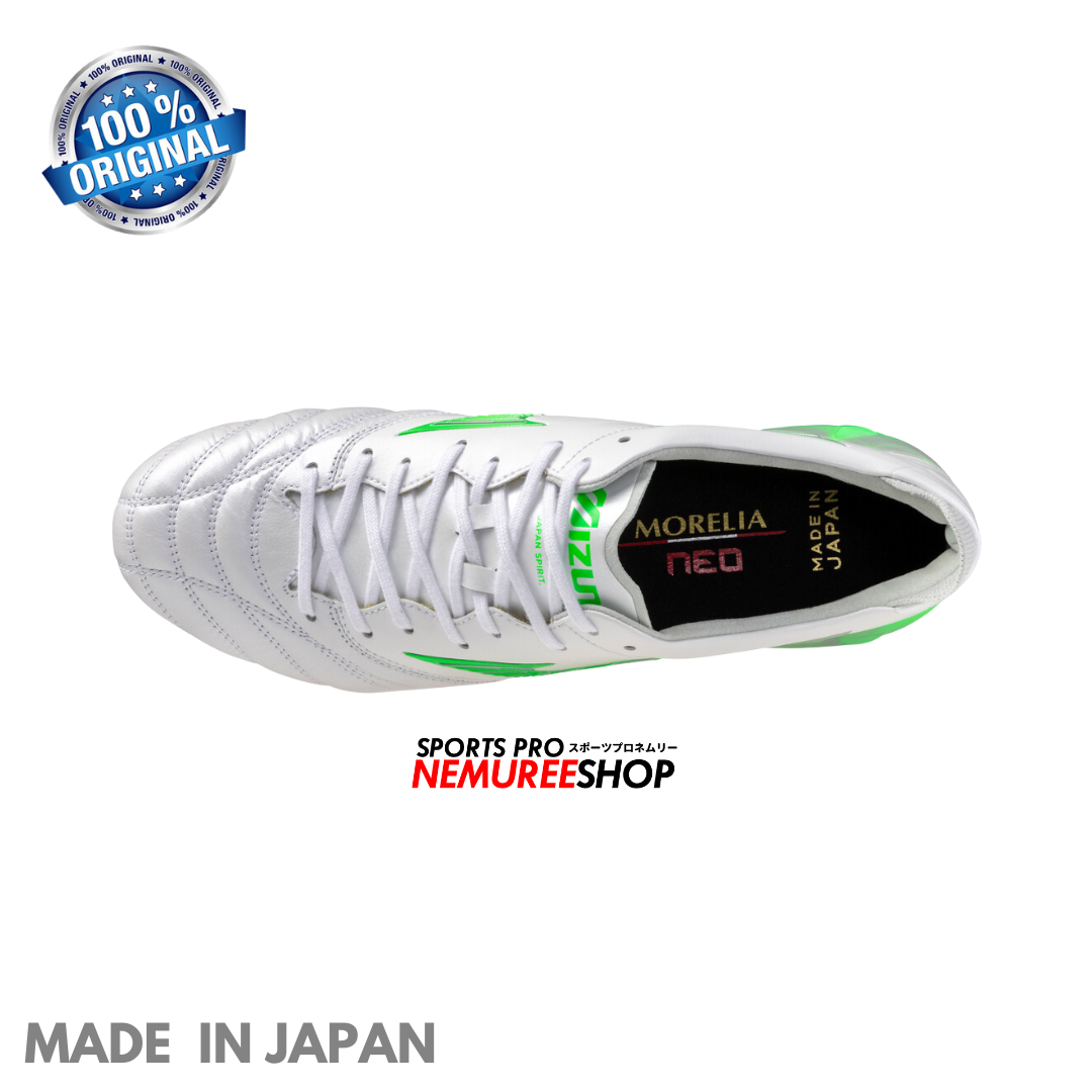 MIZUNO Football Shoes MORELIA NEO 4 JAPAN (WHITE/NEON GREEN/COOL GREY) - Nemuree Shop - Online Sports Store