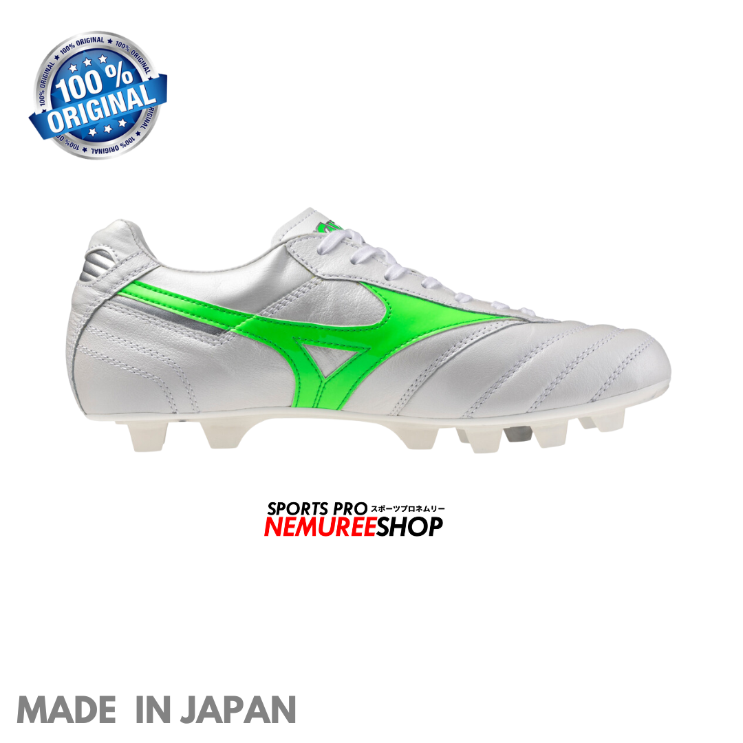 MIZUNO Football Shoes MORELIA 2 JAPAN (WHITE/NEON GREEN/GALAXY SILVER) - Nemuree Shop - Online Sports Store