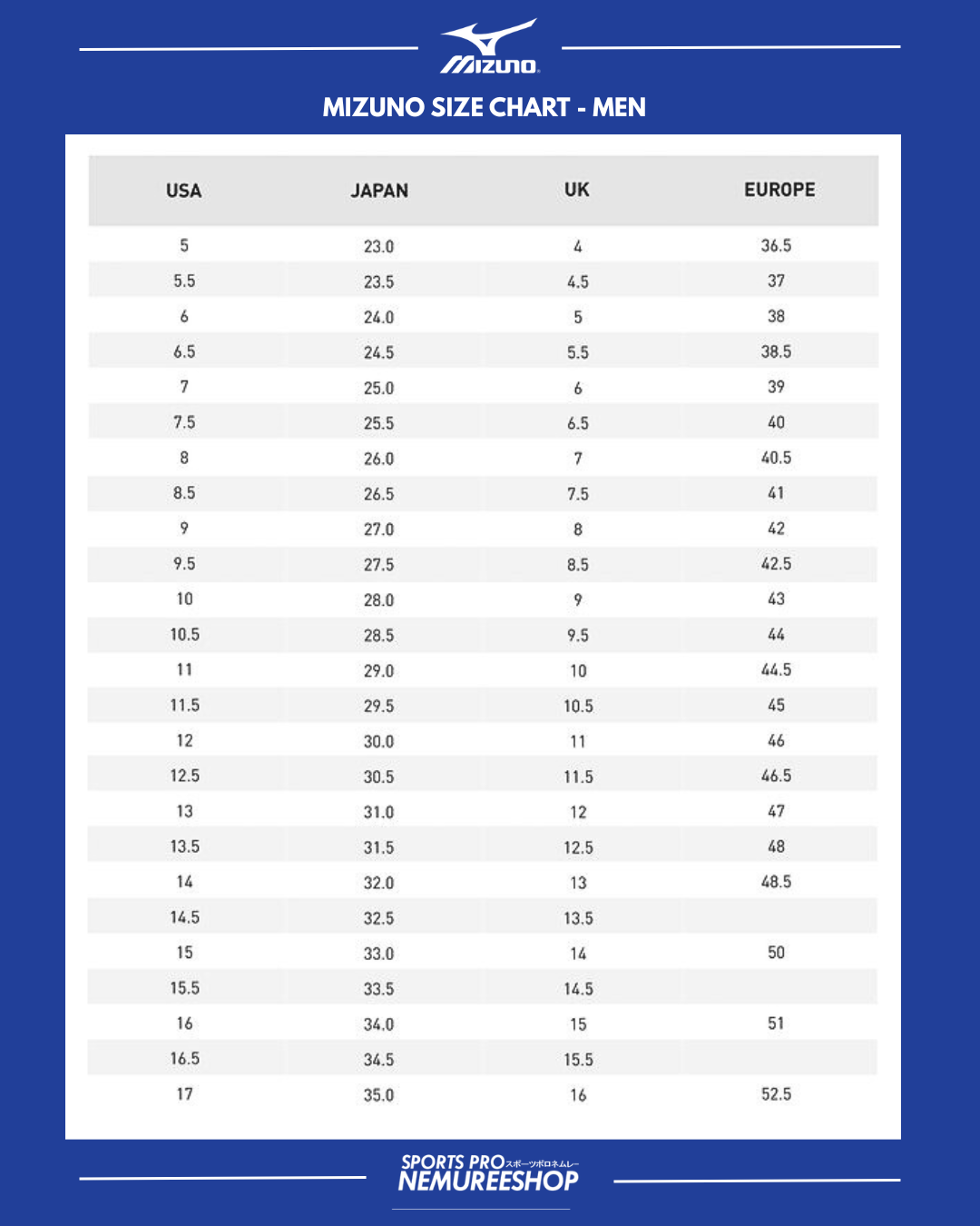 Mizuno Adult Football Shoes Size Chart – Nemuree Shop