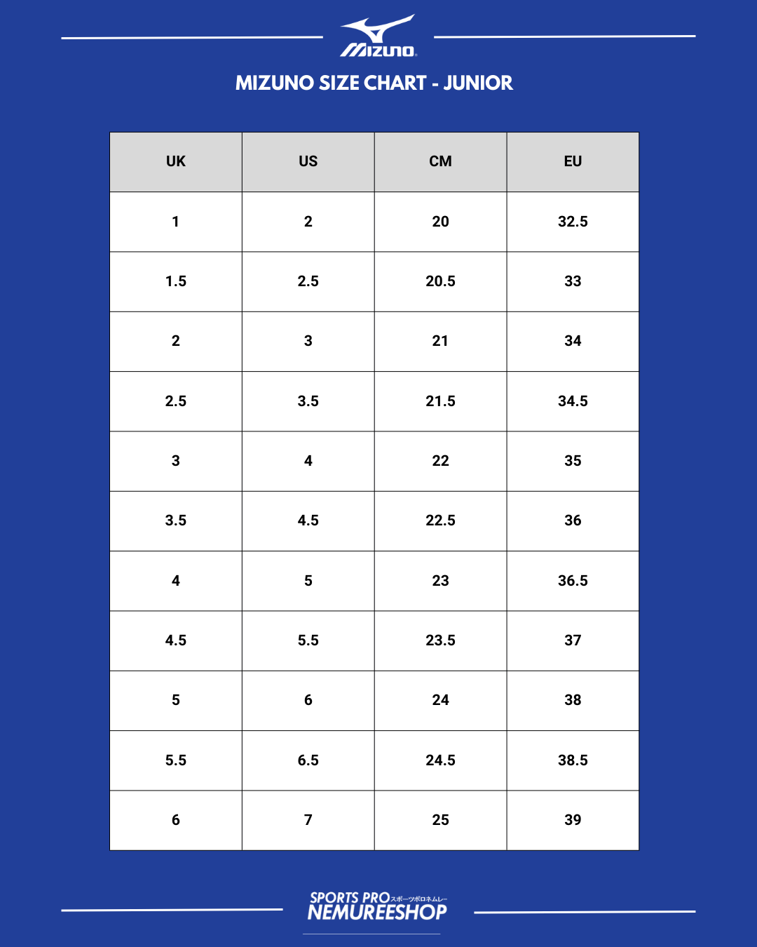 Mizuno Junior Football Shoes Size Chart – Nemuree Shop